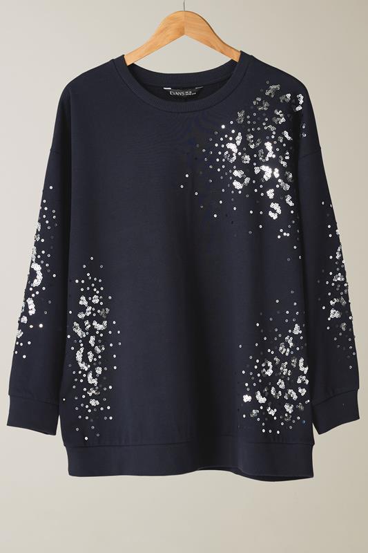 EVANS Plus Size Navy Blue Leopard Sequin Embellished Sweatshirt | Evans 6
