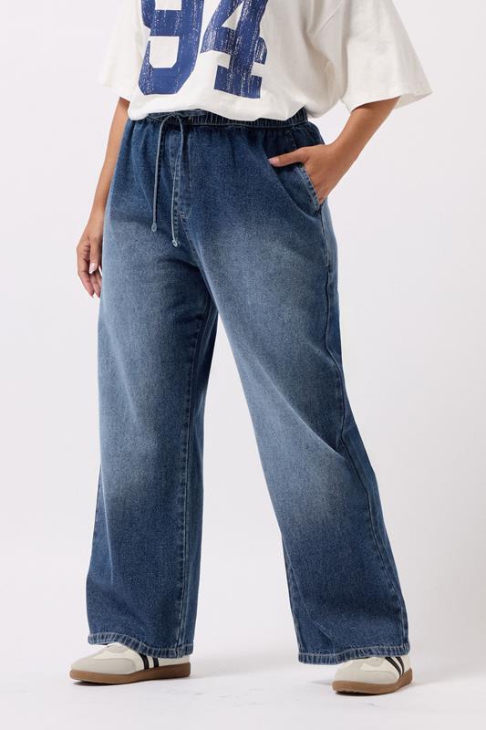 YOURS Curve Blue Drawstring Wide Leg Jeans