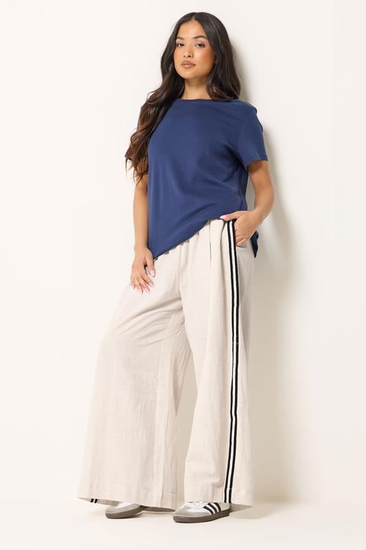 PixieGirl Petite Women's Natural Brown Side Stripe Linen Trousers | PixieGirl 1