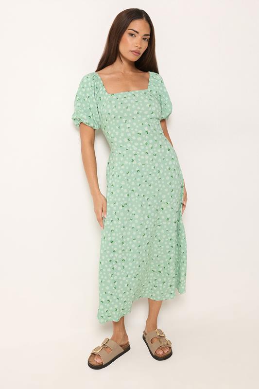PixieGirl Petite Light Green Daisy Puff Sleeve Midi Dress