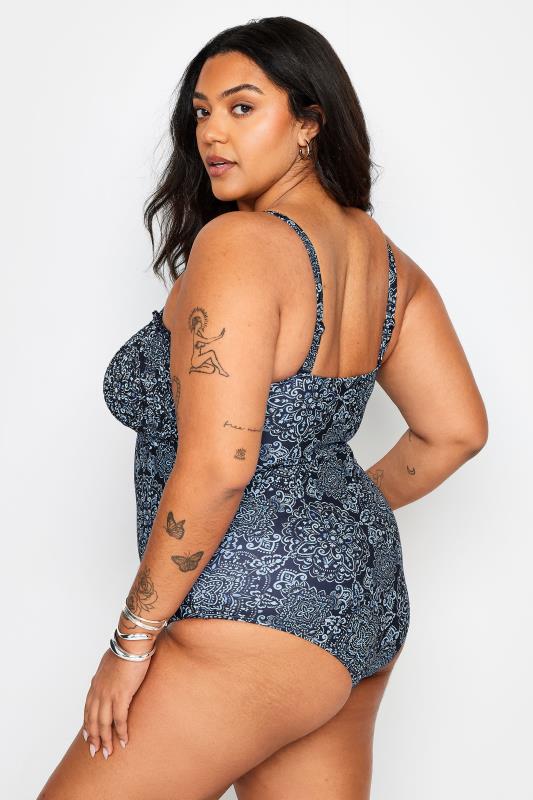 YOURS Plus Size Blue Aztec Print Shirred Tummy Control Swimsuit | Yours Clothing 5