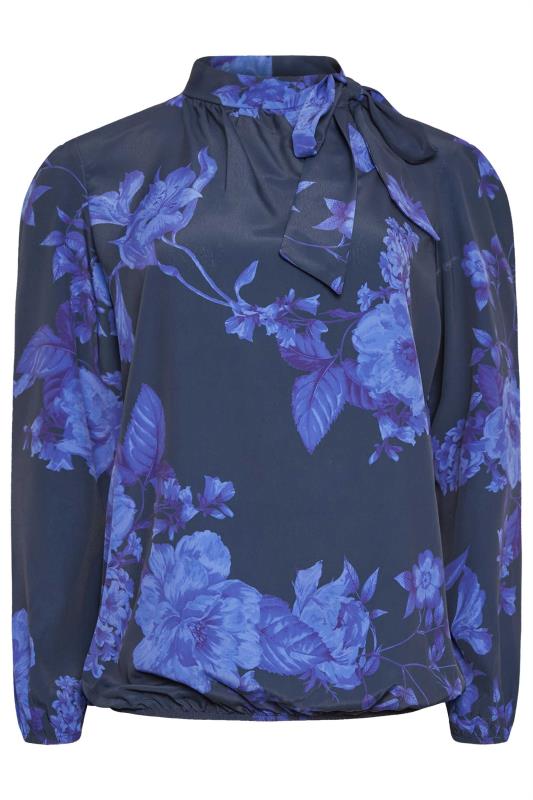 M&Co Blue Floral Print Tie Neck Bubble Hem Blouse | M&Co 6