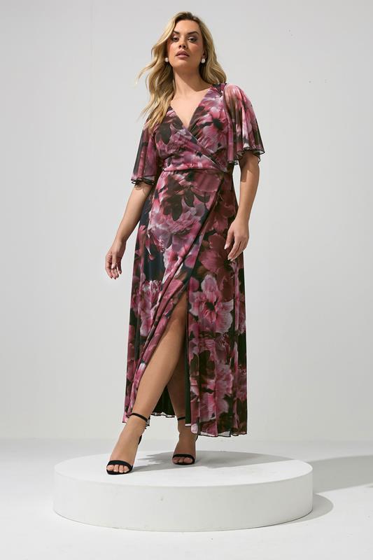  YOURS LONDON Curve Burgundy Red Floral Abstract Mesh Dress
