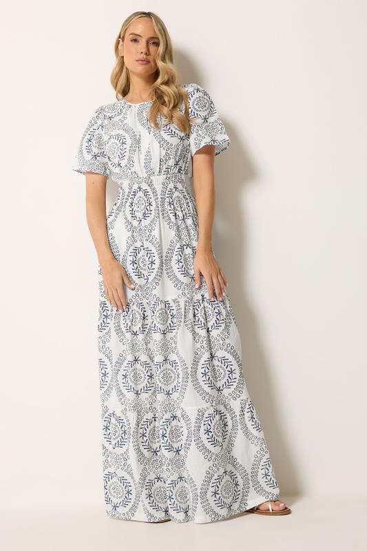  LTS Tall Navy & White Leaf Print Linen Maxi Dress