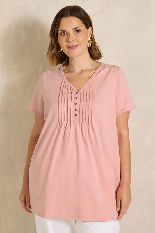 EVANS Curve Pink Short Sleeve Cotton Henley Top