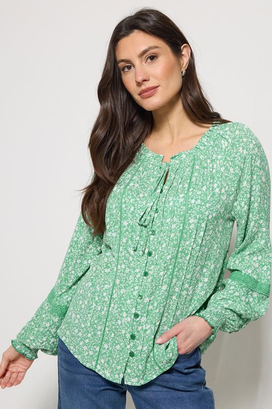  M&Co Green Floral Trim Detail Tie Neck Blouse