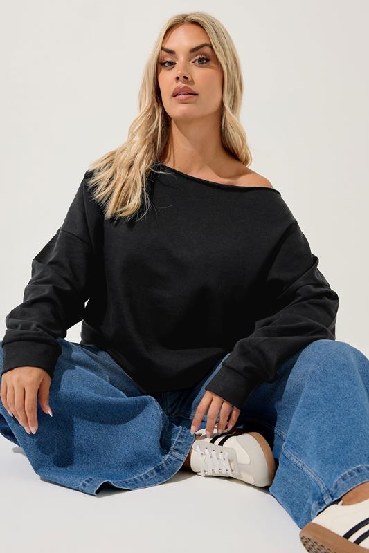 YOURS Plus Size Black Off Shoulder Sweatshirt | Yours Clothing 5