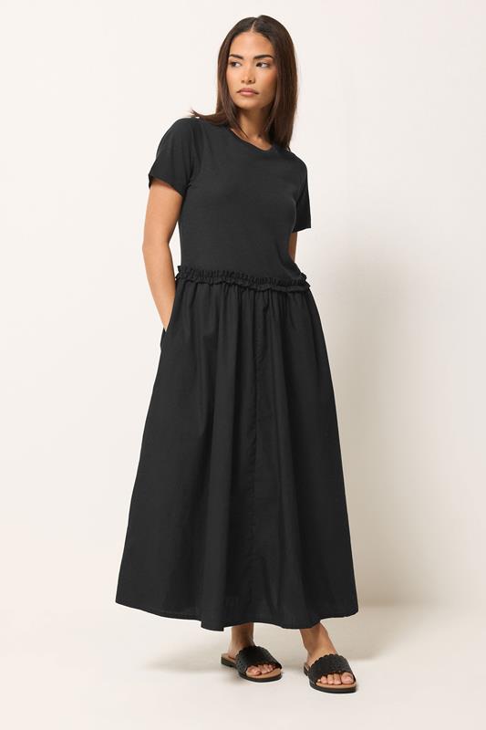 PixieGirl Petite Women's Black Mixed Ruffle Cotton Midi Dress | PixieGirl  1