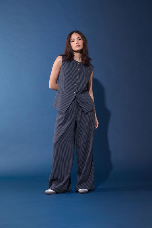 PixieGirl Petite Navy Blue Pinstripe Wide Leg Trousers