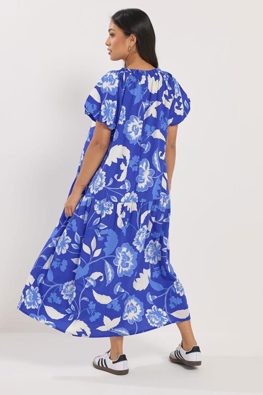 PixieGirl Petite Women's Blue Floral Tie Neck Midi Dress | PixieGirl 4