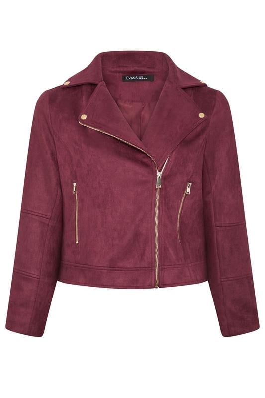 EVANS Plus Size Berry Red Suedette Biker Jacket | Evans 5