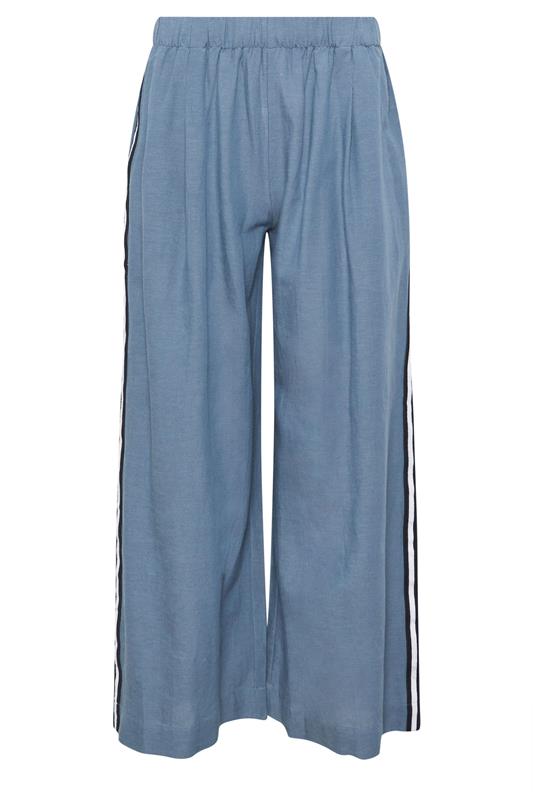 PxieGirl Petite Women's Blue Side Stripe Linen Wide Leg Trousers | PixieGirl 5