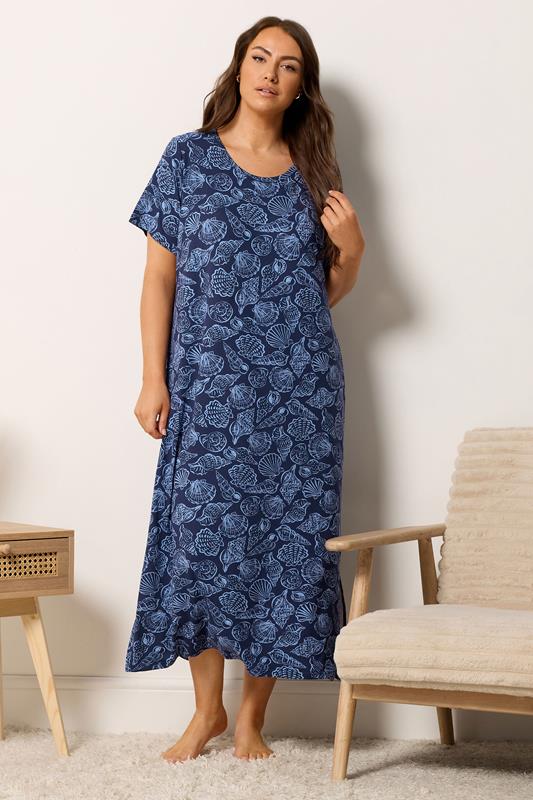 YOURSET Plus Size 2 PACK Blue Star & Shell Print Midaxi Nightdresses | Yours Clothing 4