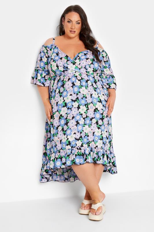 YOURS Plus Size Black Floral Cold Shoulder Midaxi Dress | Yours Clothing 1