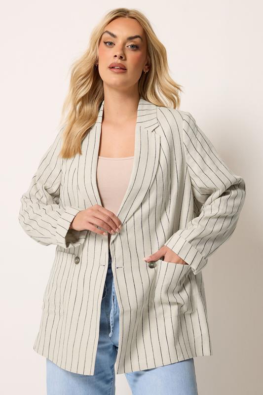 YOURS Curve Beige Brown Stripe Tailored Linen Blazer
