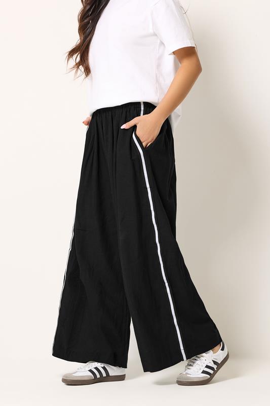 PxieGirl Petite Women's Black Side Stripe Linen Wide Leg Trousers | PixieGirl 1