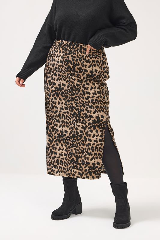 YOURS Curve Brown Leopard Textured Tube Skirt