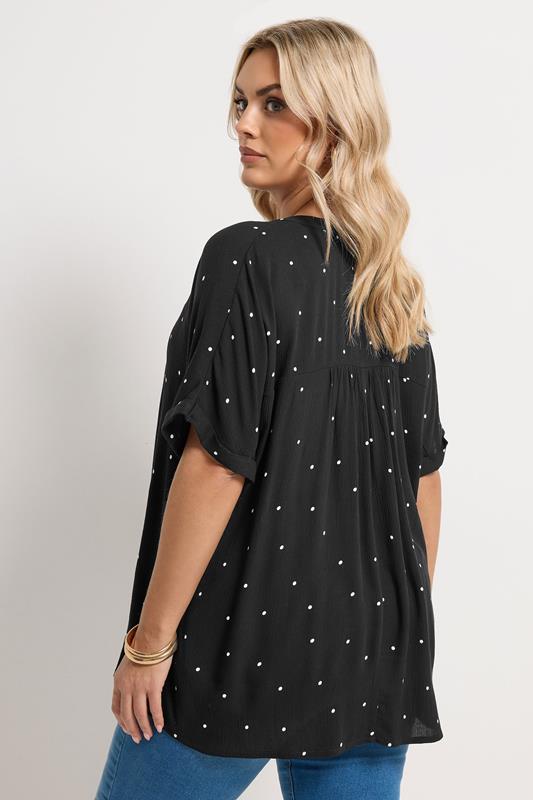 YOURS Plus Size Black Crinkle Polka Dot Notch Neck Top | Yours Clothing 2