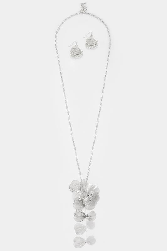 Silver Tone Long Flower Necklace & Earrings Set | Yours Clothing 1