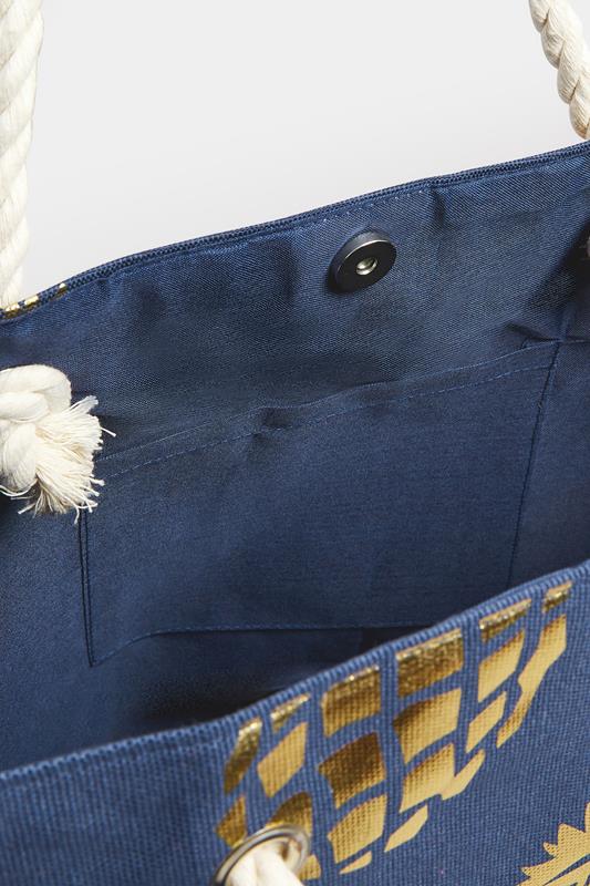 Navy Blue & Gold Pineapple Tote Bag | Yours Clothing 4