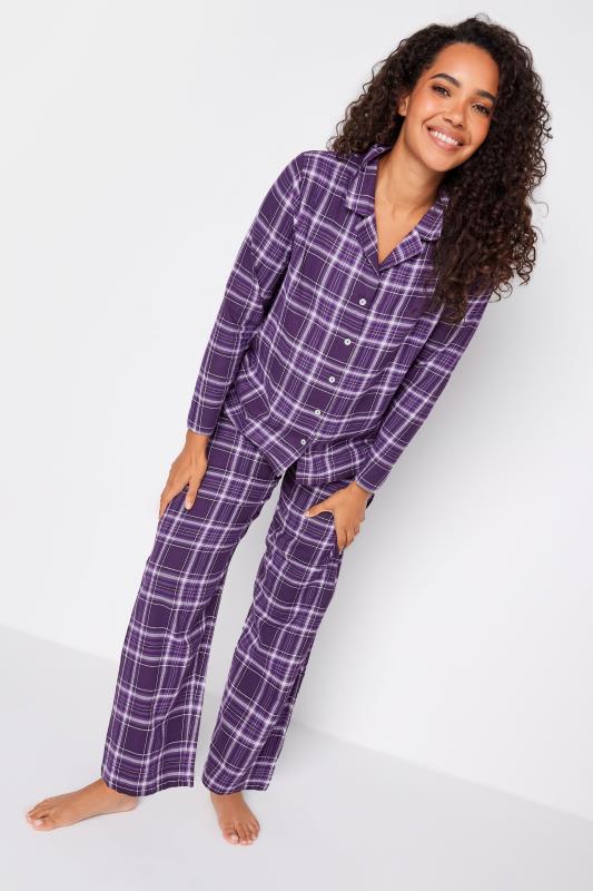 M&Co Purple Brushed Cotton Check Print Long Sleeve Pyjama Set | M&Co