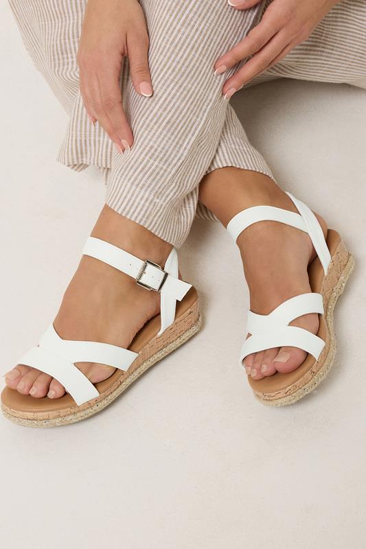White Plaited Wedge Sandals In Wide E Fit