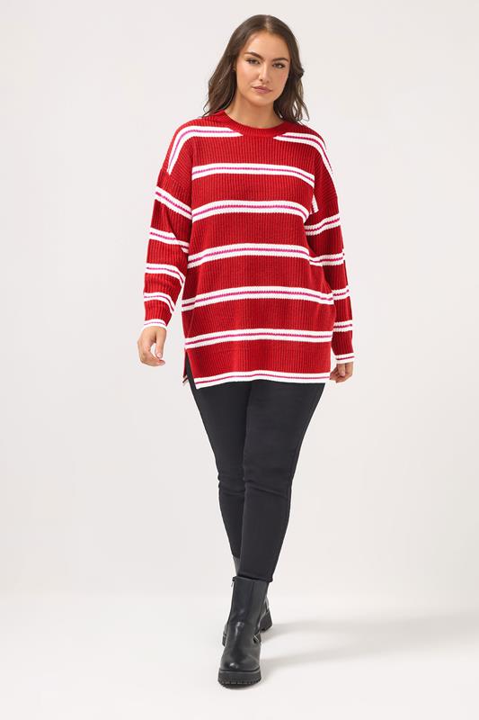 YOURS Plus Size Red Stripe Drop Shoulder Knitted Jumper | Yours Clothing 1
