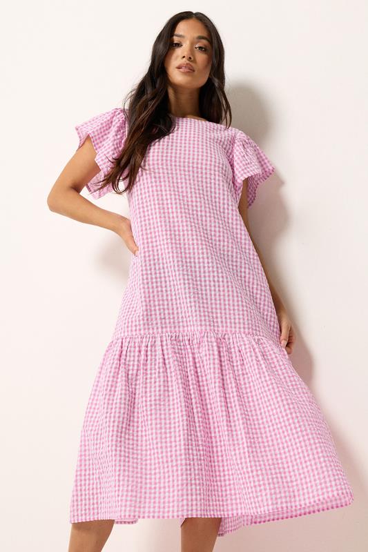 PixieGirl Petite Women's Pink Gingham Drop Waist Midi Dress | PixieGirl 2