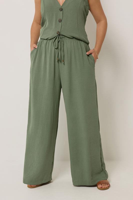 YOURS Curve Khaki Green Twill Wide Leg Trousers