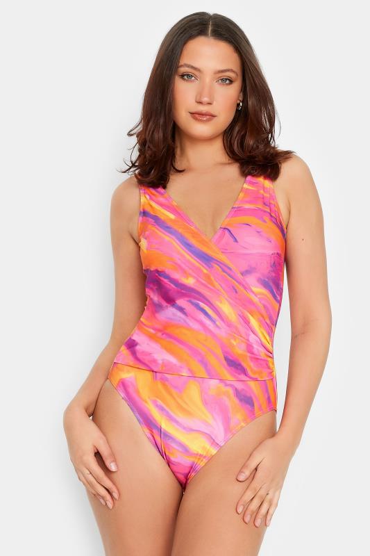 LTS Tall Women's Bright Pink Marble Print Wrap Swimsuit | Long Tall Sally 2