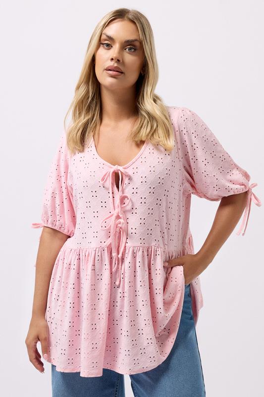 YOURS Plus Size Pink Broderie Anglaise Tie Front Peplum Top | Yours Clothing 1
