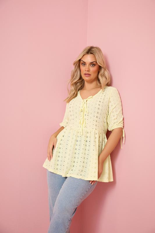YOURS Plus Size Yellow Broderie Anglaise Bow Tie Front Top | Yours Clothing 1