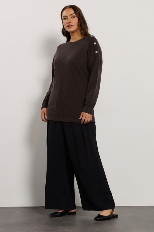 EVANS Plus Size Chocolate Brown Button Detail Jumper  1