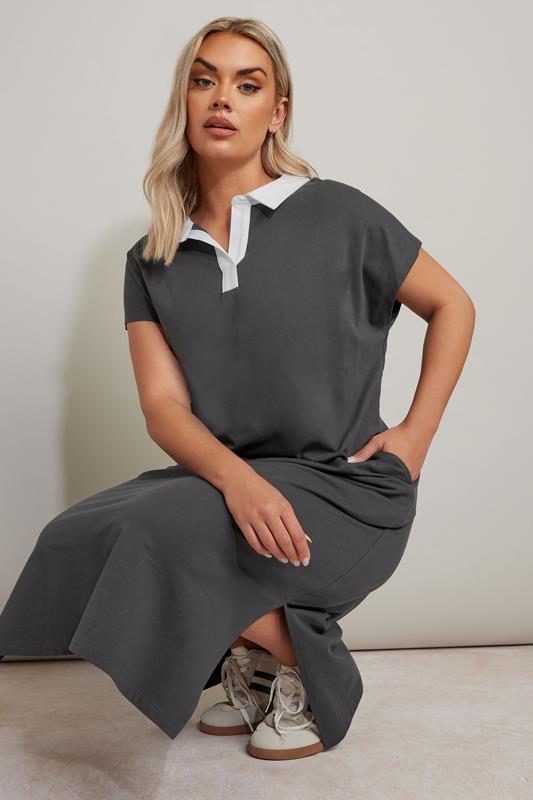 YOURS Plus Size Charcoal Grey Jersey Collar Grown-On Sleeve Dress | Yours Clothing 4