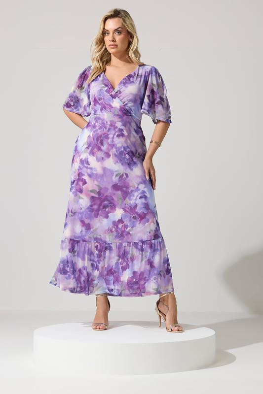 YOURS LONDON Curve Purple Floral Wrap Ruffle Hem Dress