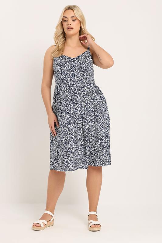 YOURS Plus Size Navy Blue Ditsy Floral Strappy Sundress | Yours Clothing 1