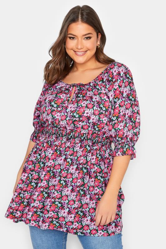 YOURS Plus Size Black Floral Print Shirred Waist Top | Yours Clothing 1