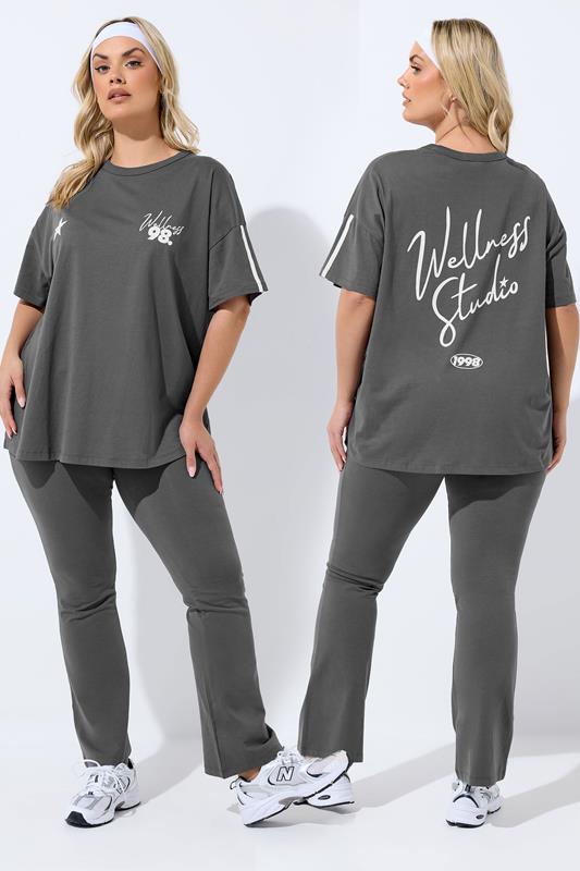 YOURS ACTIVE Plus Size Charcoal Grey 'Wellness Studio' T-Shirt | Yours Clothing 1