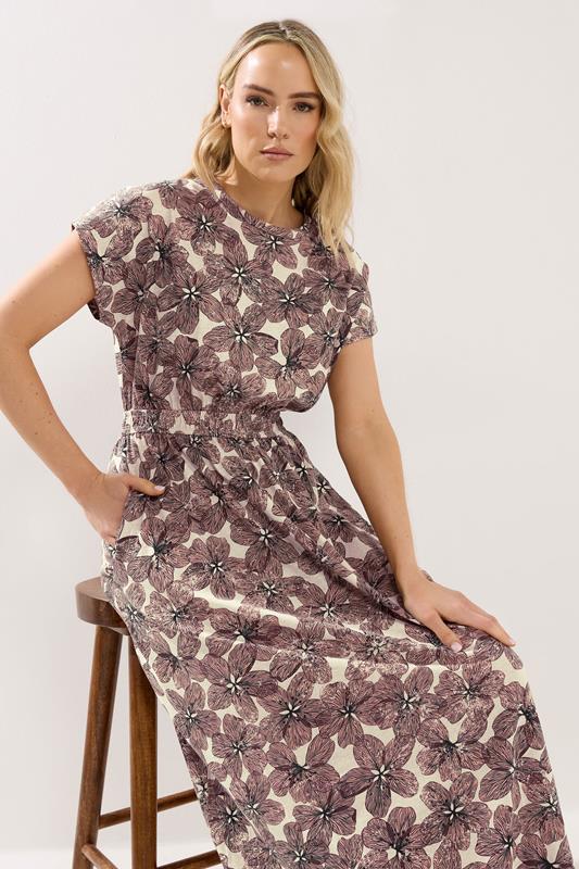 LTS Tall Women's Natural Brown Floral Jersey Shirred Waist Cotton Maxi Dress | Long Tall Sally 1