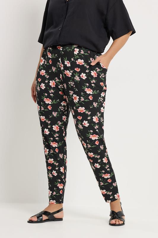 YOURS Curve Black Floral Double Pleat Harem Trousers