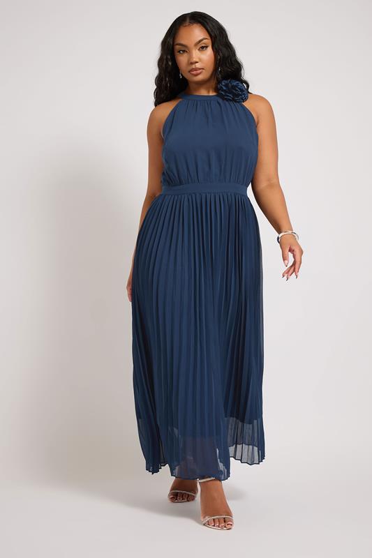 YOURS LONDON Plus Size Navy Blue Corsage Detail Pleated Maxi Dress | Yours Clothing 1