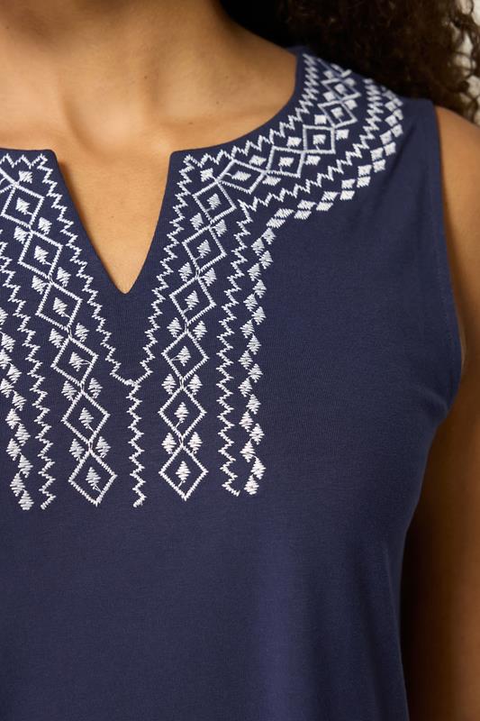 M&Co Navy Blue Embroidered Notch Neck Cotton Midi Dress | M&Co