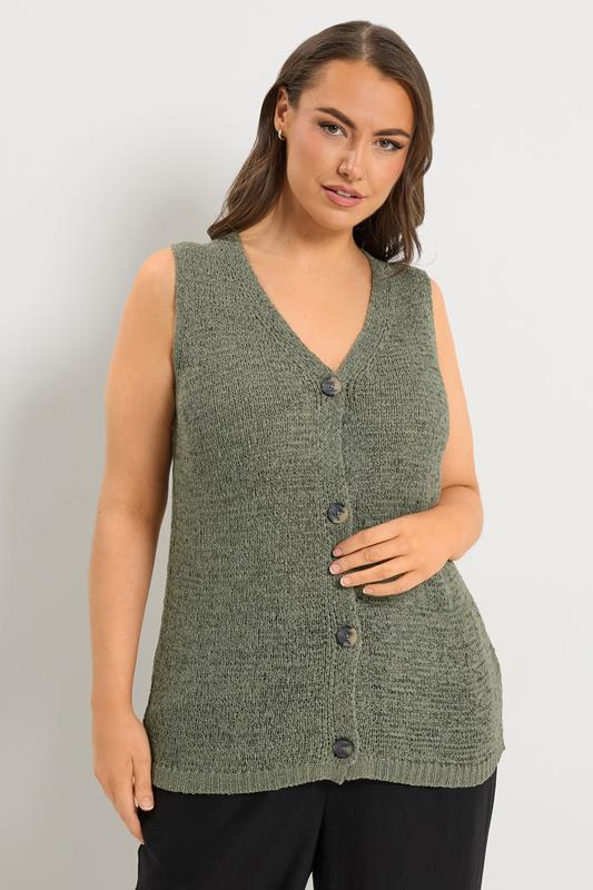 YOURS Curve Green Button Through Knitted Waistcoat