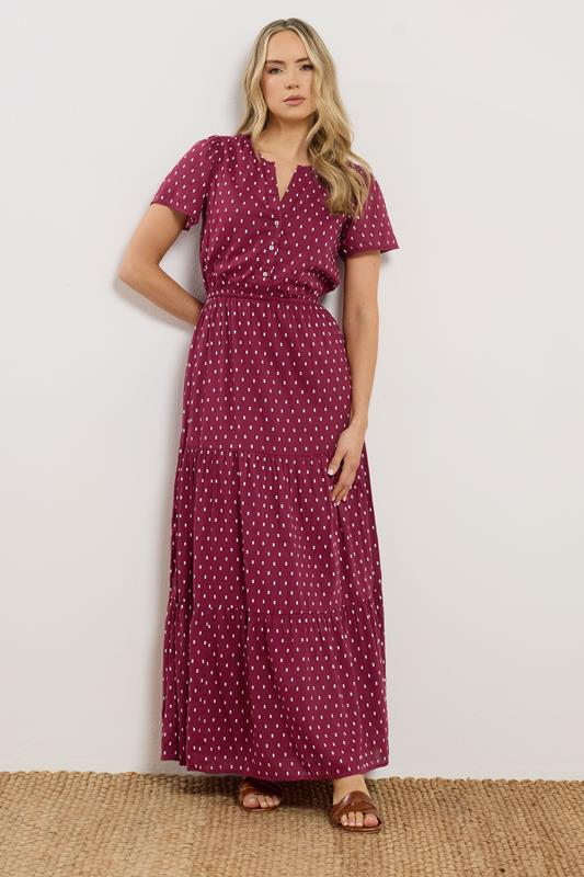 LTS Tall Women's Wine Red Dobby Spot Tiered Maxi Dress | Long Tall Sally 1