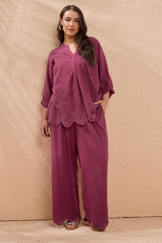 EVANS Plus Size Burgundy Red Broderie Hem Linen Trousers | Evans 4