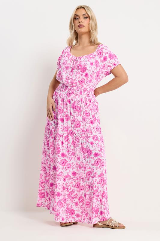 YOURS Plus Size Pink Floral Tie Neck Bardot Maxi Dress | Yours Clothing 1