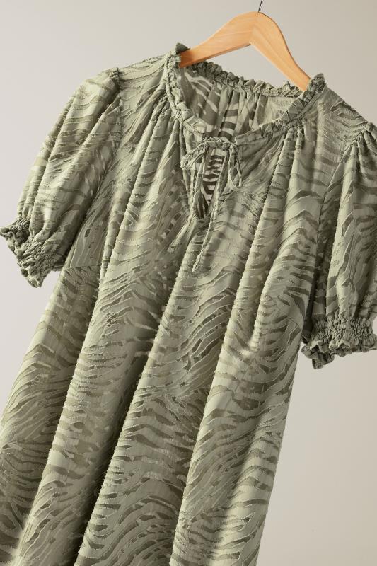 EVANS Plus Size Khaki Green Burnout Print Tie Neck Blouse | Evans 7
