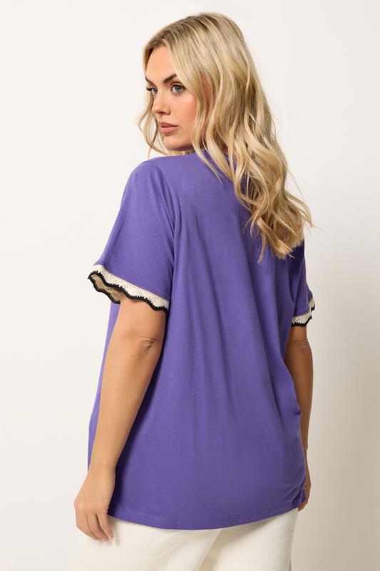 YOURS Plus Size Purple Metallic Crochet Trim T-Shirt | Yours Clothing 2