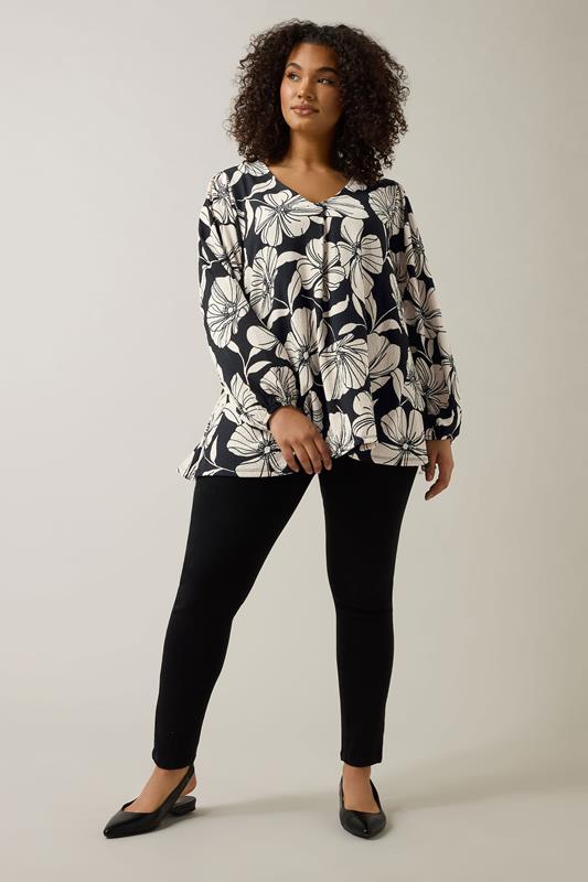 EVANS Plus Size Black Contrast Floral Jersey Crepe Top | Evans 2