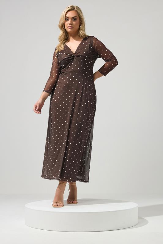 YOURS LONDON Plus Size Chocolate Brown Polka Dot Knot Front Dress | Yours Clothing 1